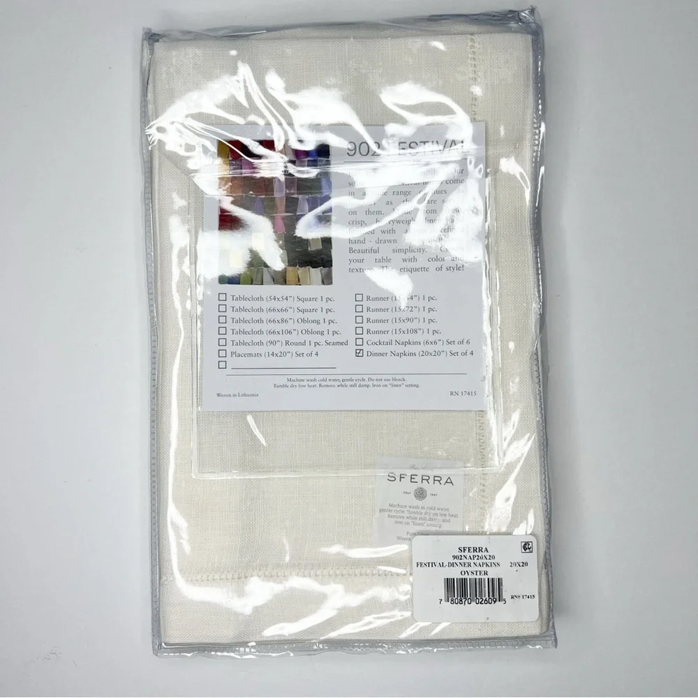 Sferra Festival Dinner Napkins 100% Linen Oyster Cream Hemstitch Set of 4 NEW